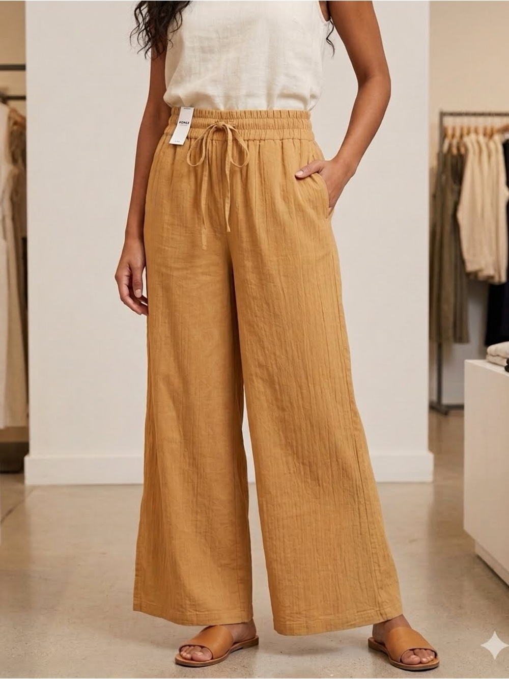 Wide-Leg Drawstring Pants in Camel